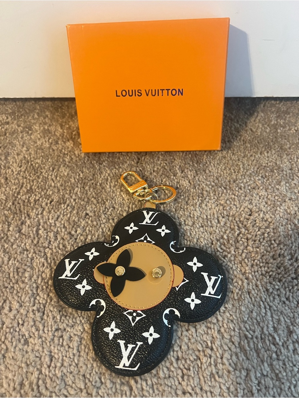 Louis Vuitton Black Monogram Flower Key Holder with Tan Center